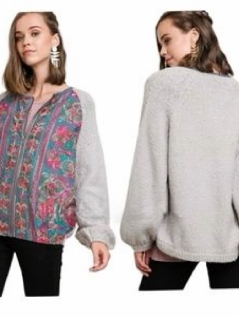 Umgee Floral Panel Knit Women’s Sweater - Light Gray